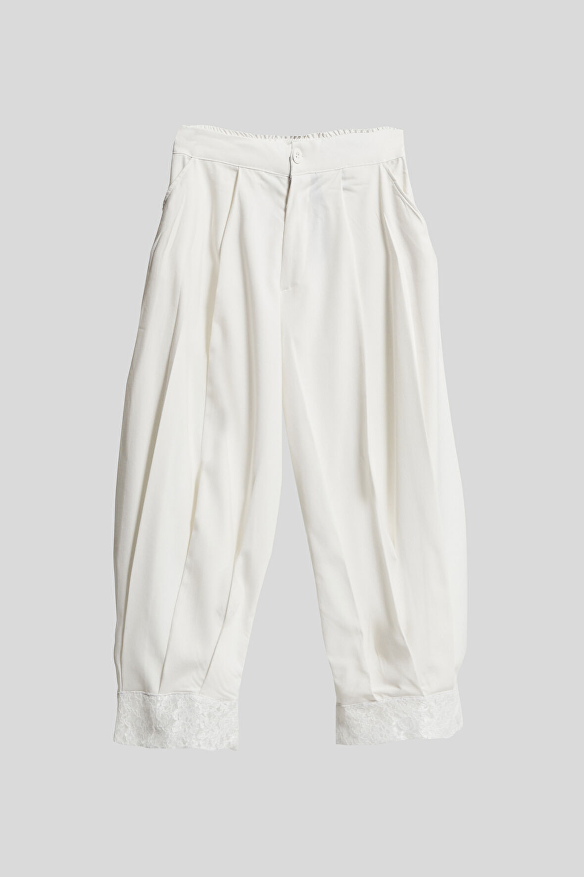 Kadın Ekru Renk Beyaz Dantel Detaylı Bol Kesim Özel Tasarım Kumaş Pantolon