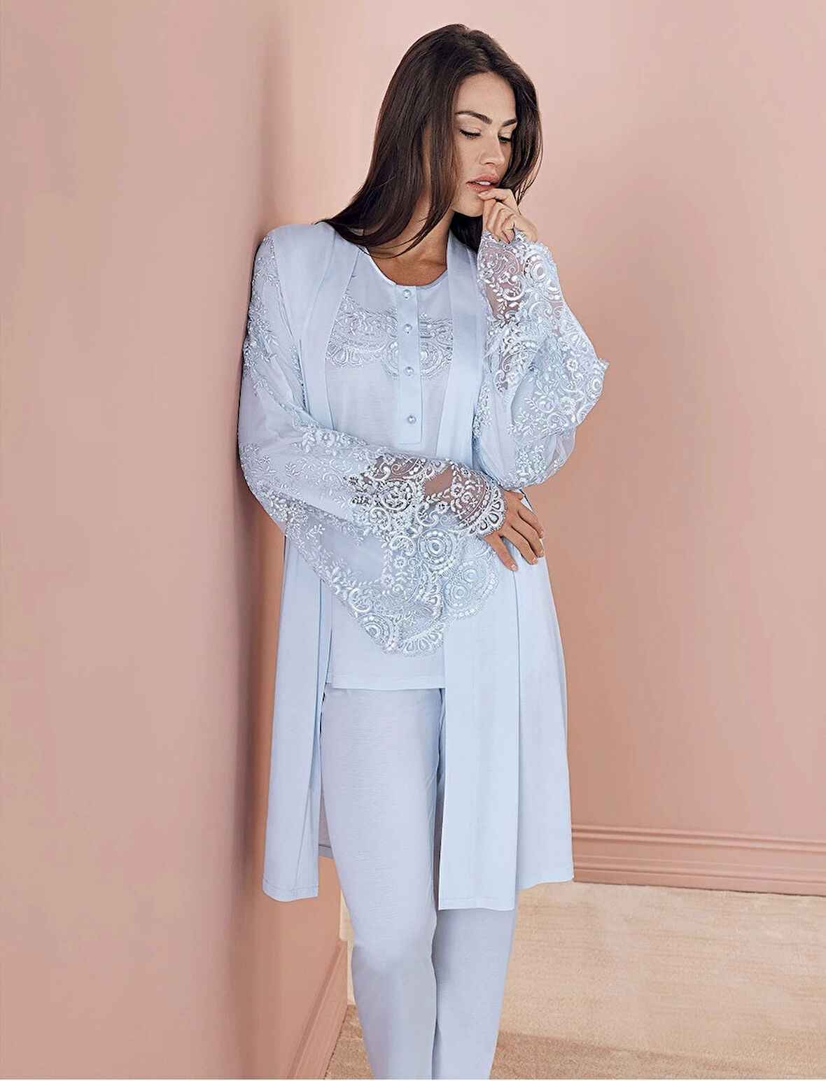 Espuar 757 Penye 3'lü Sabahlık Pijama Takımı - Mavi - XL