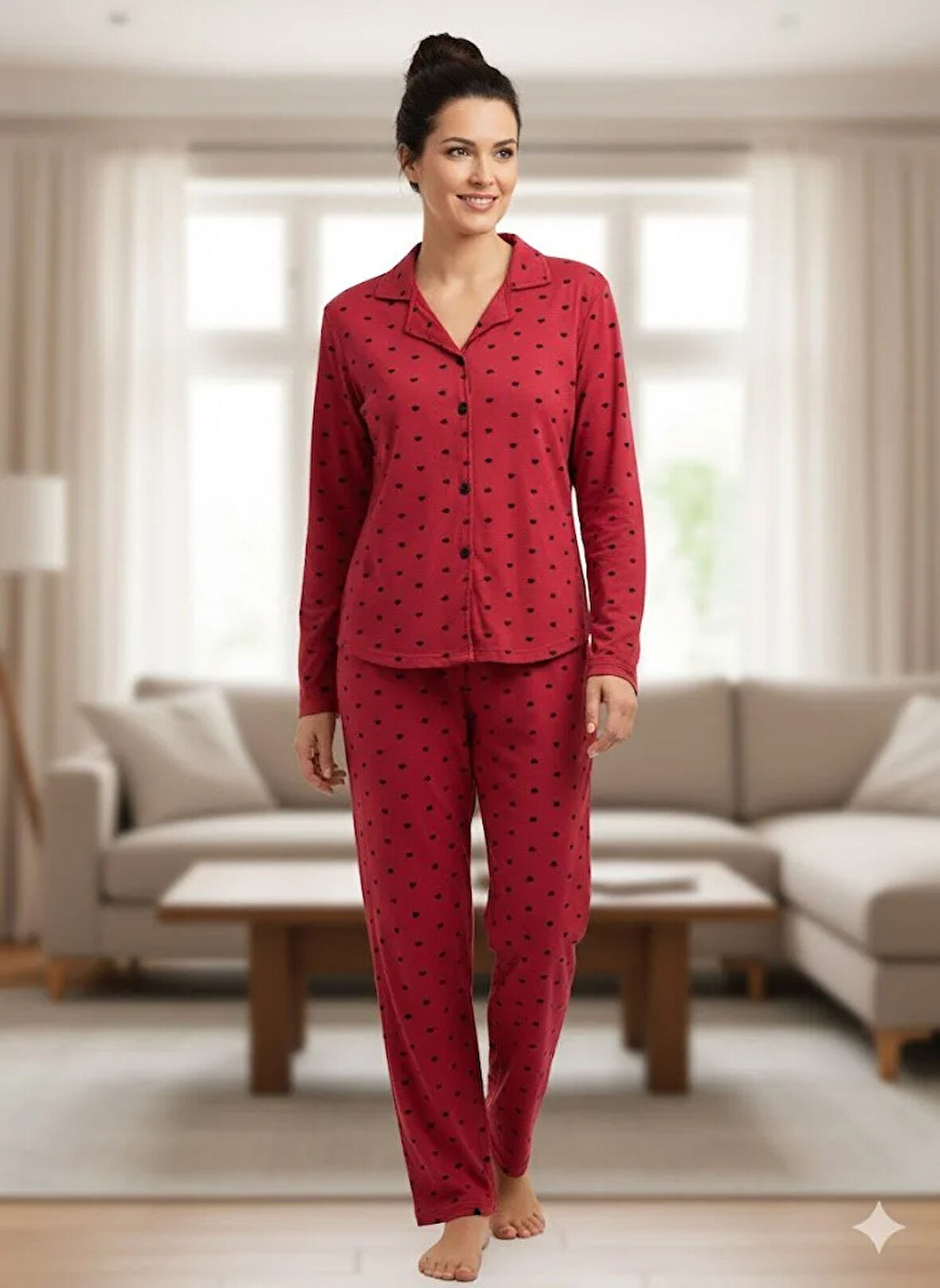 KADIN KIRMIZI DÜĞMELİ PİJAMA TAKIM