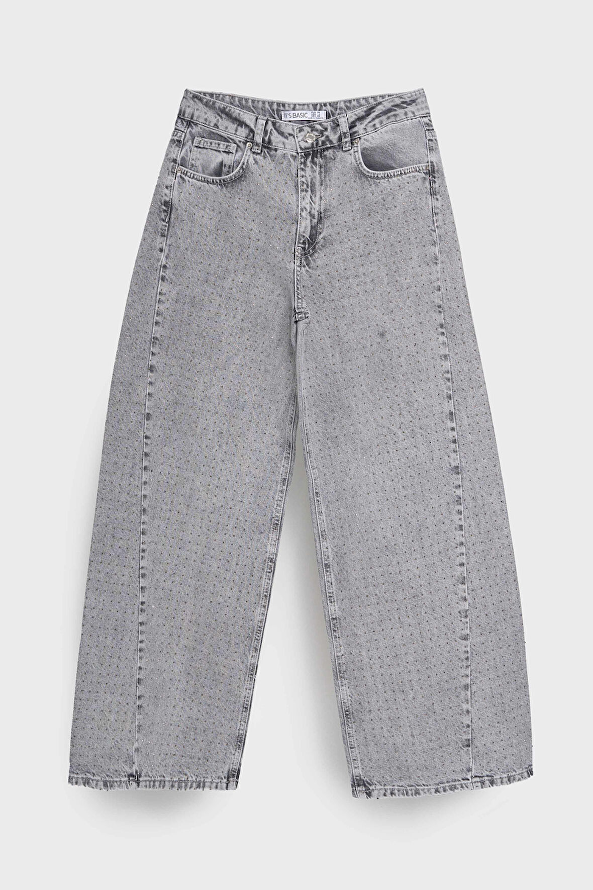 Kadın Füme Renk 3s5-12 Palazzo Fit Parlak Taş Detaylı Tasarım Denim Jean