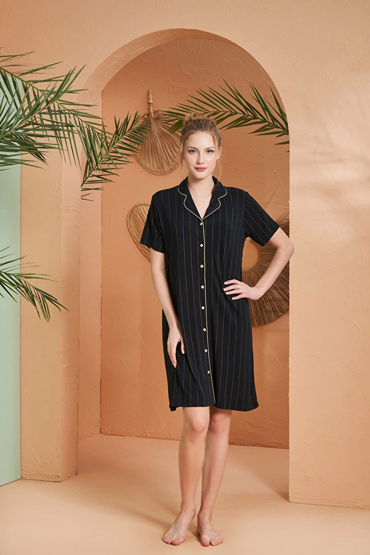 Pjs 27043 Kadın Kısa Kol Çizgili Önü Düğmeli Gecelik