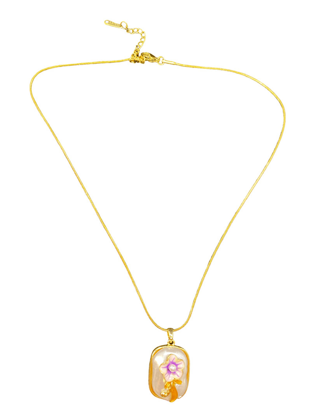Zarif Dikdörtgen Mor Çiçek Motifli Mineli Altın Kaplama Çelik Sanat Kolye