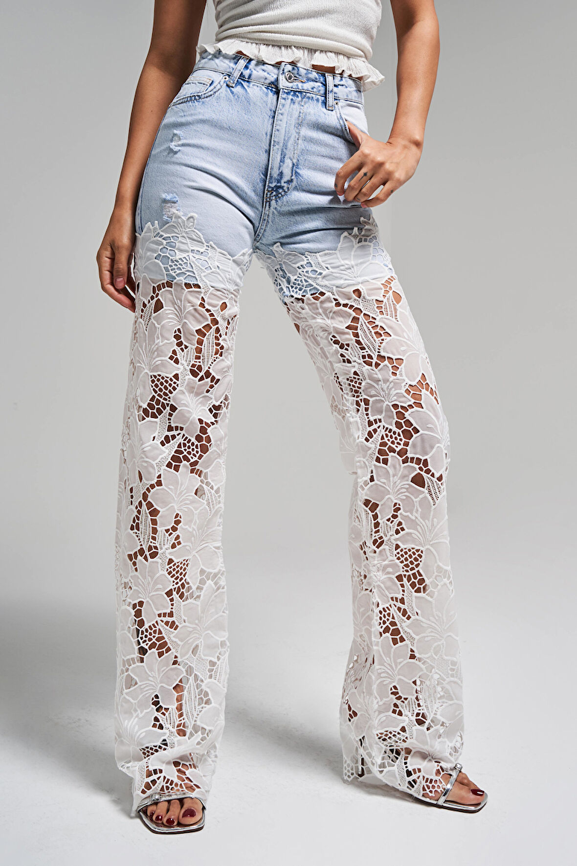 Kadın Kot Rengi 12s5-100 Dantel Kot Çift Parça Straight Fit Dantel Detaylı Tasarım Denim Jean