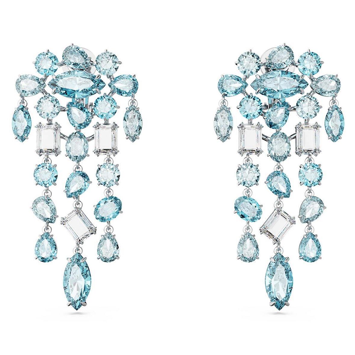 5666015 Swarovski Küpe Gema clip earrings, Mixed cuts, Chandelier, Extra long, Blue, Rhodium plated