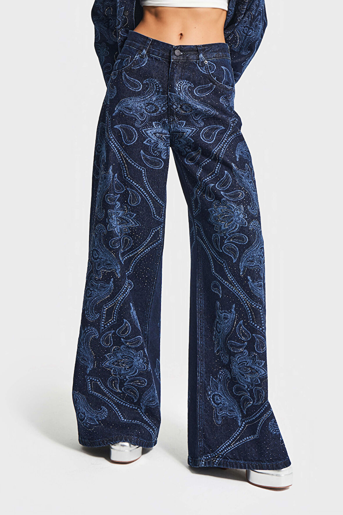 Kadın Koyu Mavi Renk 9w5-5 Palazzo Fit Parlak Taş Desenli Özel Tasarım Denim Jean