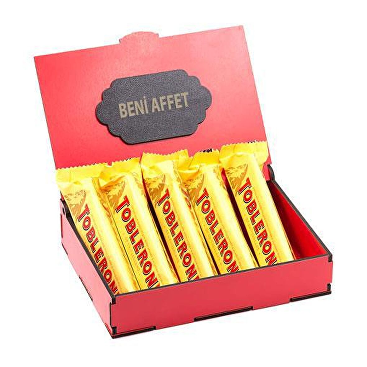 Sevdiklerinize Özel Kırmızı Ahşap Hediye Kutusunda 5 Adet Toblerone ( Beni Affet Yazılı )