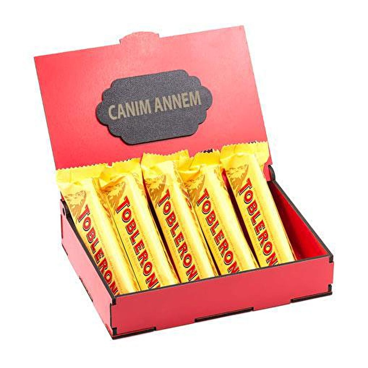 Sevdiklerinize Özel Kırmızı Ahşap Hediye Kutusunda 5 Adet Toblerone ( Canım Annem Yazılı )