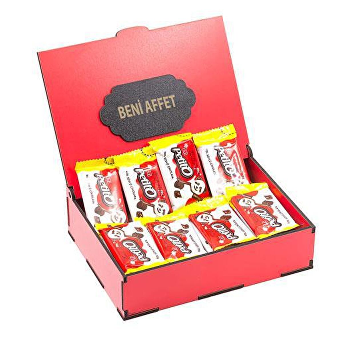 Sevdiklerinize Özel Kırmızı Ahşap Hediye Kutusunda 24 Adet Petito ( Beni Affet Yazılı )