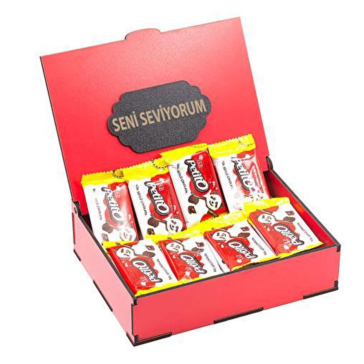 Sevdiklerinize Özel Kırmızı Ahşap Hediye Kutusunda 24 Adet Petito ( Seni Seviyorum Yazılı )