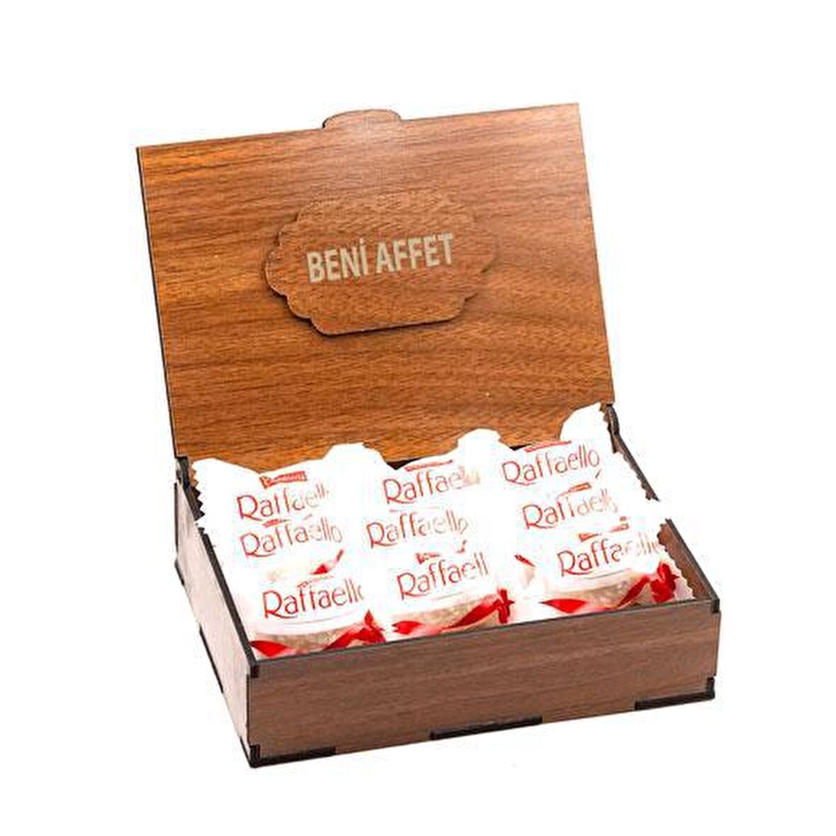 Sevdiklerinize Özel Ahşap Hediye Kutusunda 9'lu Raffaello ( Beni Affet Yazılı )