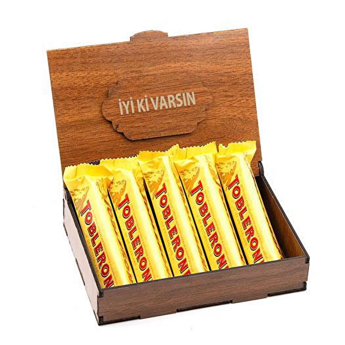 Sevdiklerinize Özel Ahşap Hediye Kutusunda 5 Adet Toblerone ( İyi ki Varsın Yazılı )