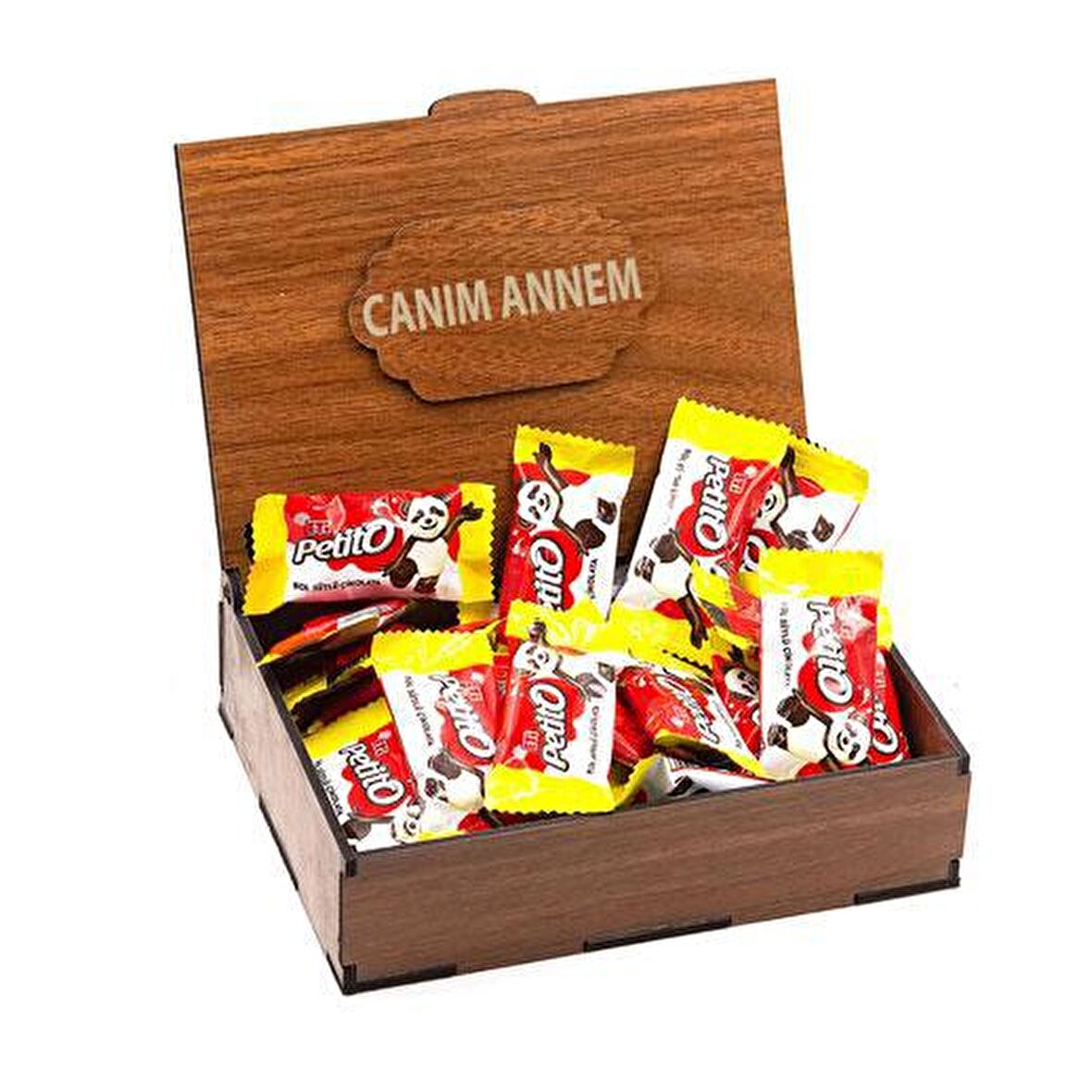 Sevdiklerinize Özel Ahşap Hediye Kutusunda 24 Adet Petito ( Canım Annem Yazılı )