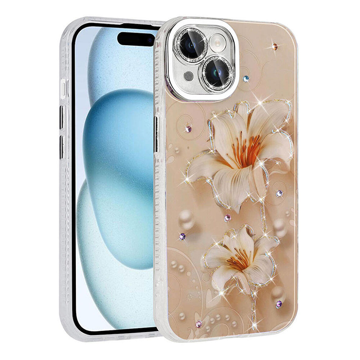 Apple iPhone 15 ile Uyumlu Çiçek Desenli Parlak Taşlı Sert Silikon Kapak