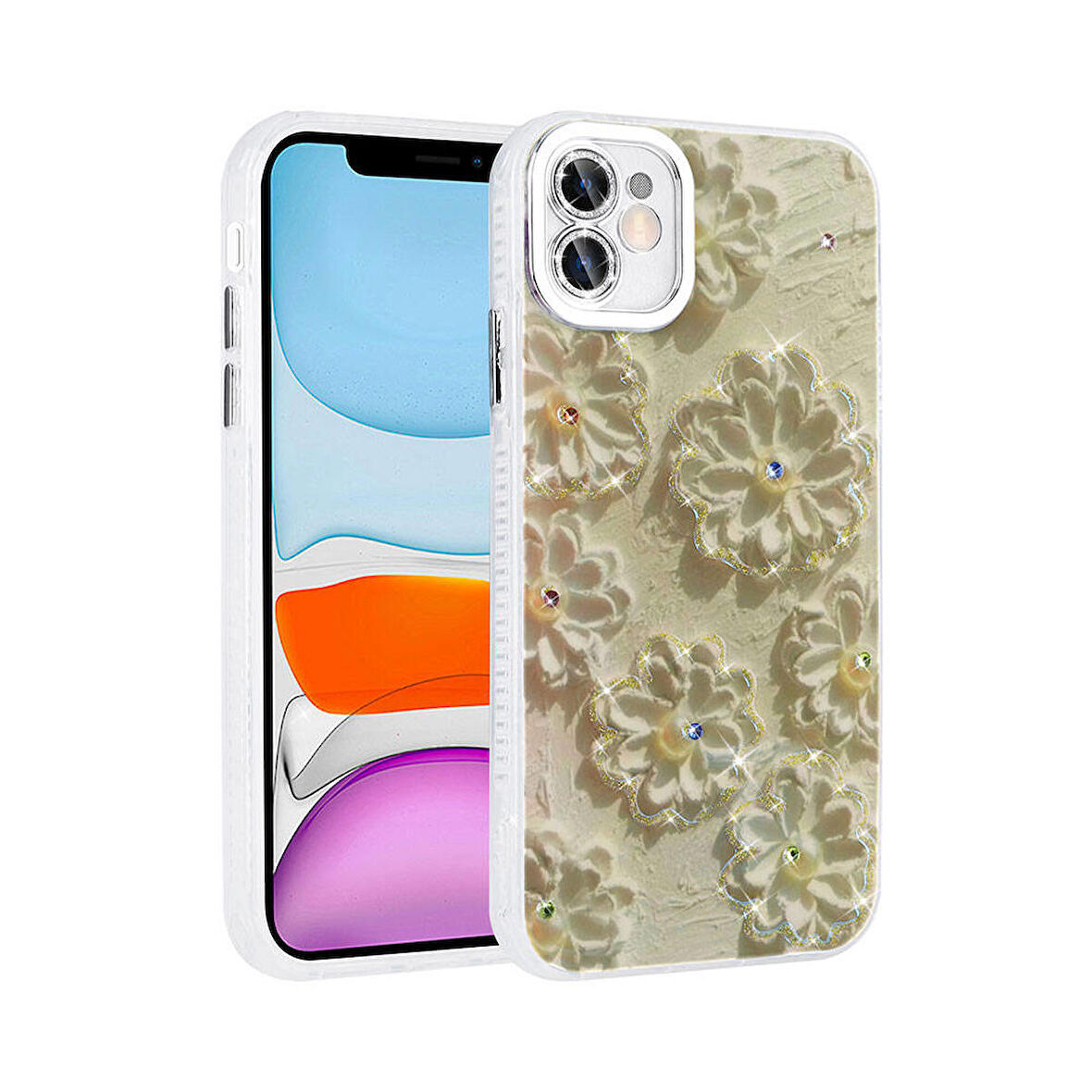 Apple iPhone 11 ile Uyumlu Çiçek Desenli Parlak Taşlı Sert Silikon Kapak