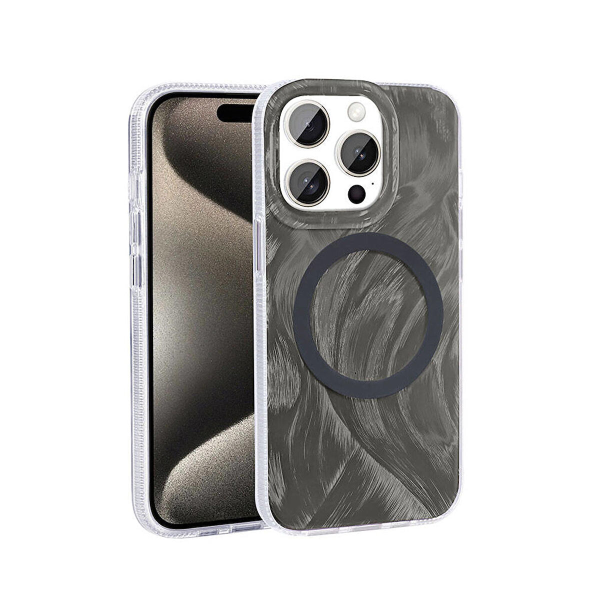 Apple iPhone 15 Pro Max ile Uyumlu Kılıf Magsafe Şarj Özellikli Fırça Boya Desenli Kapak