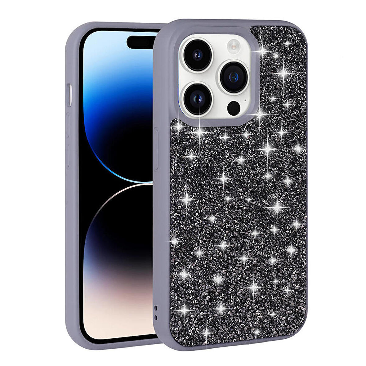 Apple iPhone 14 Pro Max ile Uyumlu Kılıf Arka Yüzeyi Parlak Taşlı Tasarımlı Kapak