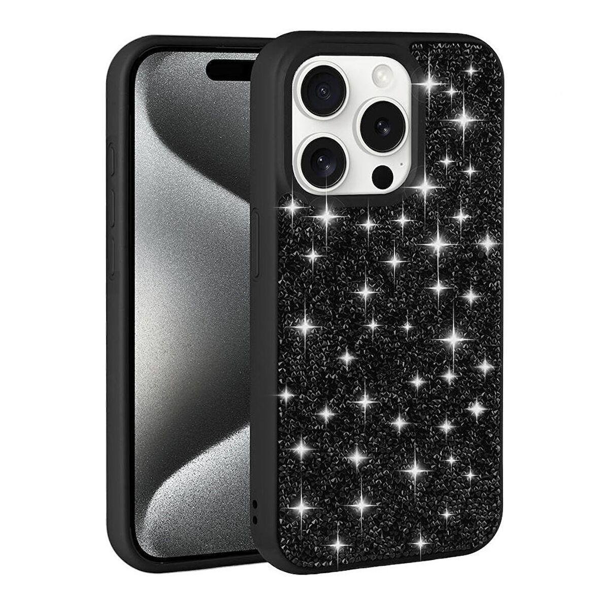 Apple iPhone 15 Pro ile Uyumlu Kılıf Arka Yüzeyi Parlak Taşlı Tasarımlı Kapak