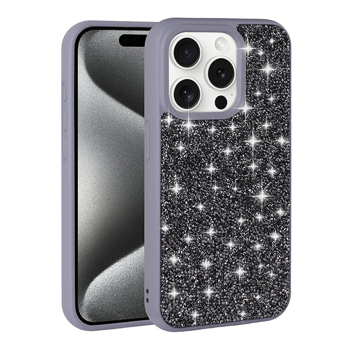Apple iPhone 15 Pro Max ile Uyumlu Kılıf Arka Yüzeyi Parlak Taşlı Tasarımlı Kapak