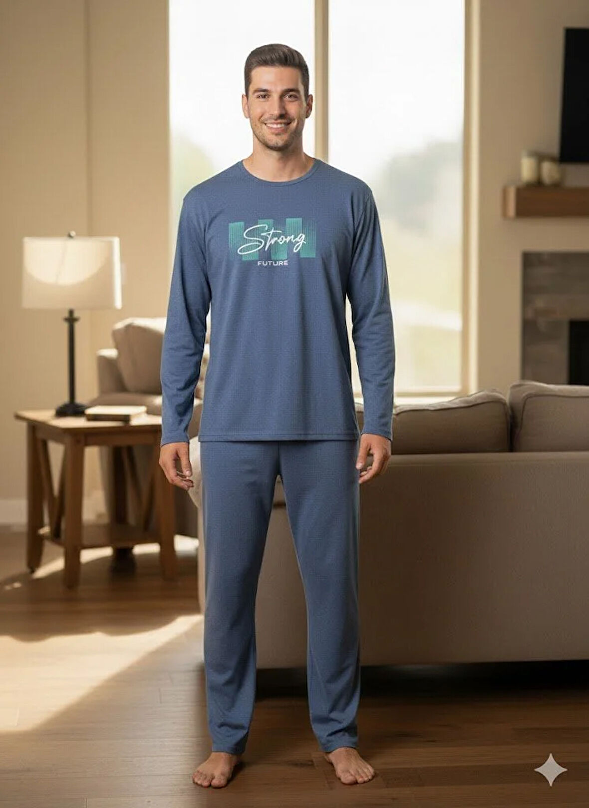 ERKEK MAVİ UZUN KOL PİJAMA TAKIM