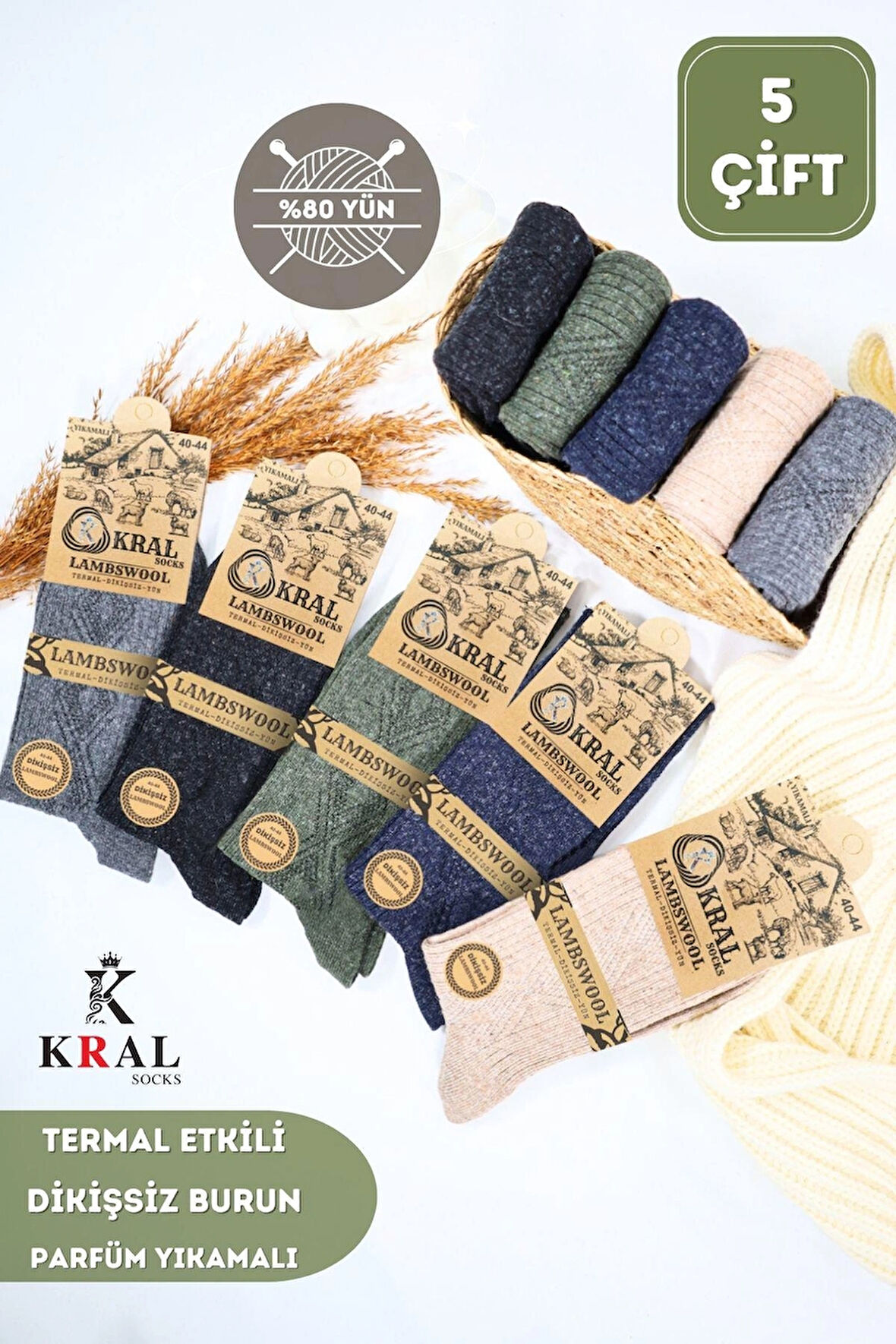 Erkek Kışlık (5 ÇİFT) Lambswool Yün Çorap Termal Etkili