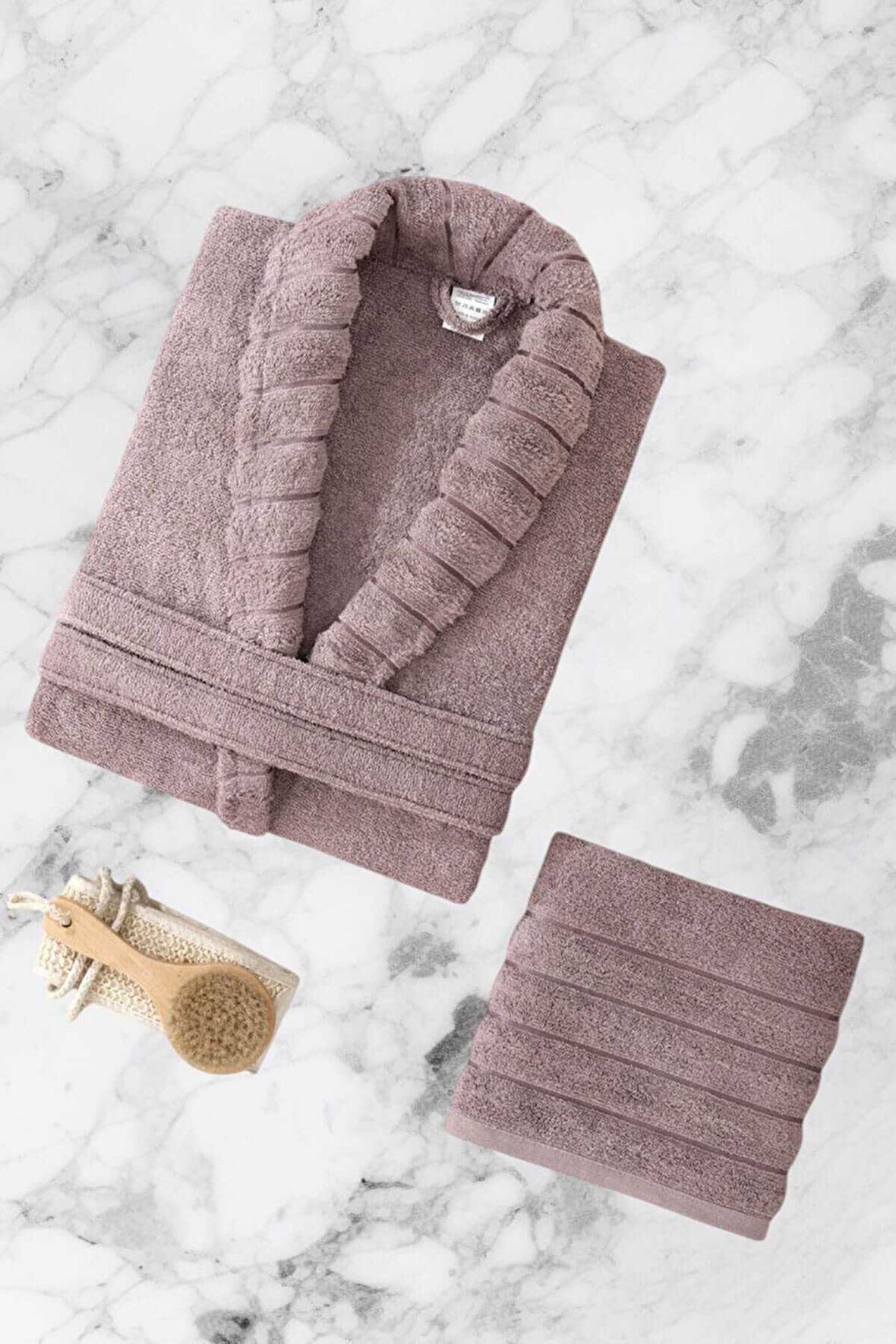 AquaLoom Lüx Kadın Bornoz ve Havlu Seti &#37;100 Pamuklu Mürdüm - L-XL