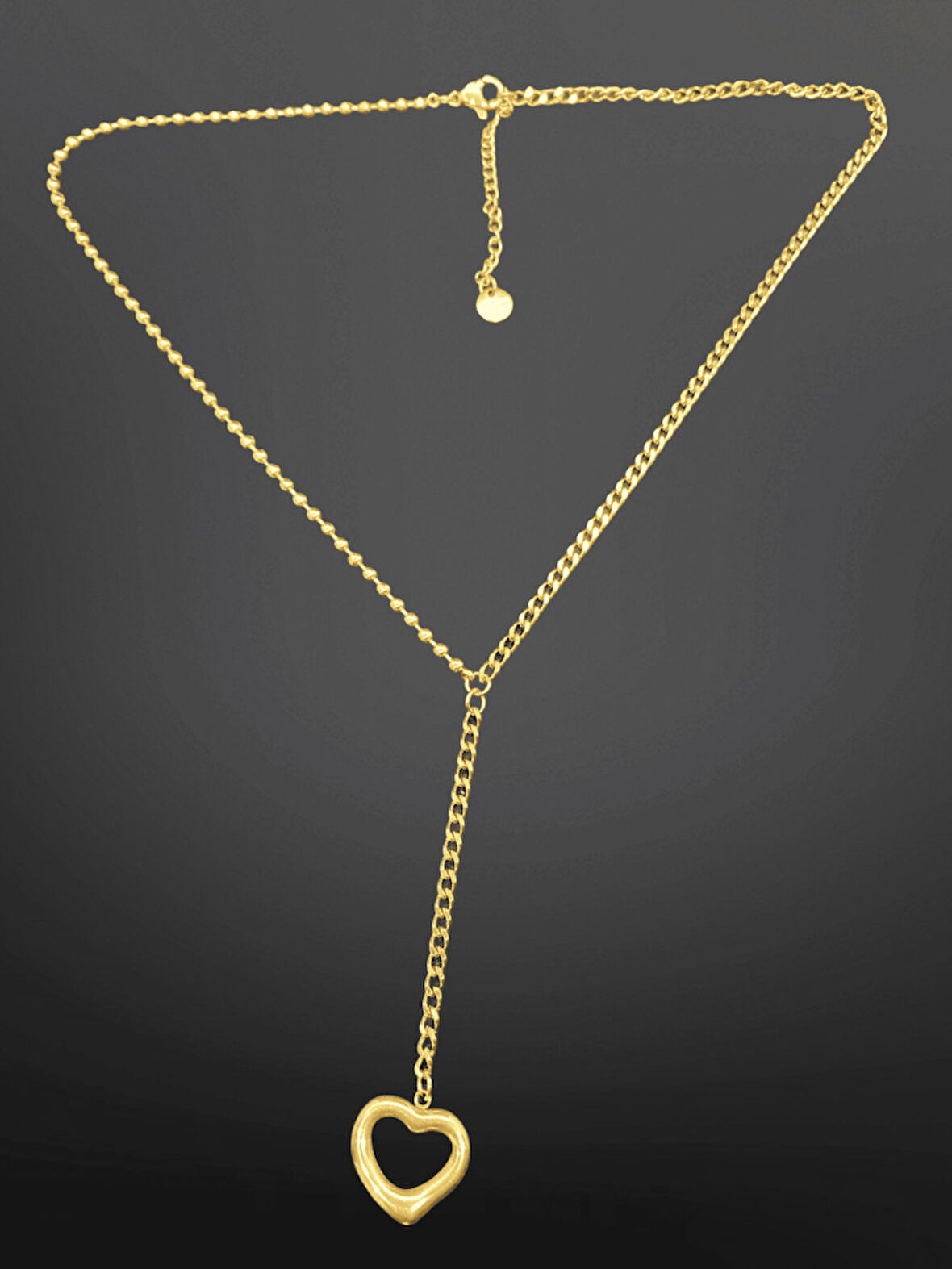 Gold Renk Şık Y-Chain Lariat Model 316L Çelik Kolye - Kalp Detaylı Modern Tasarım