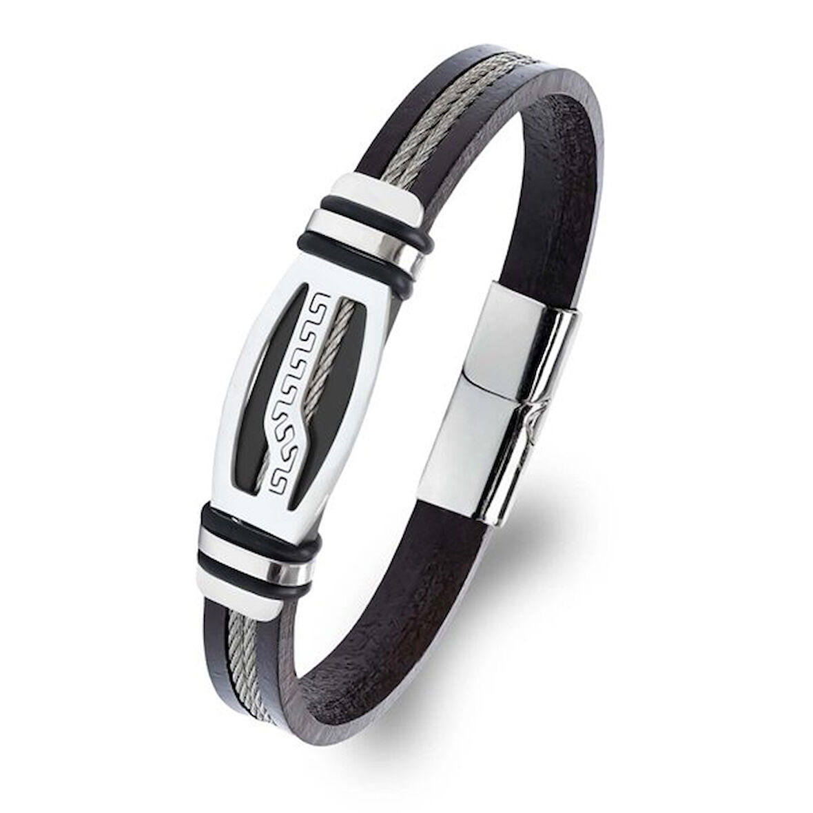   Deri Kordonlu Çelik Halat Erkek Bileklik 31834B17D6 