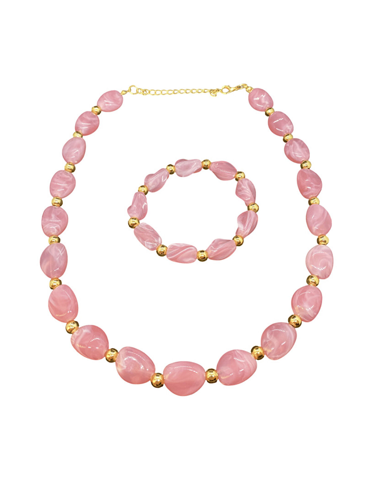 Pembe ve Altın Renk Detaylı Şık Akrilik Damla Boncuk Bileklik ve Kolye Seti | Şık Ve Parlak Tasarım