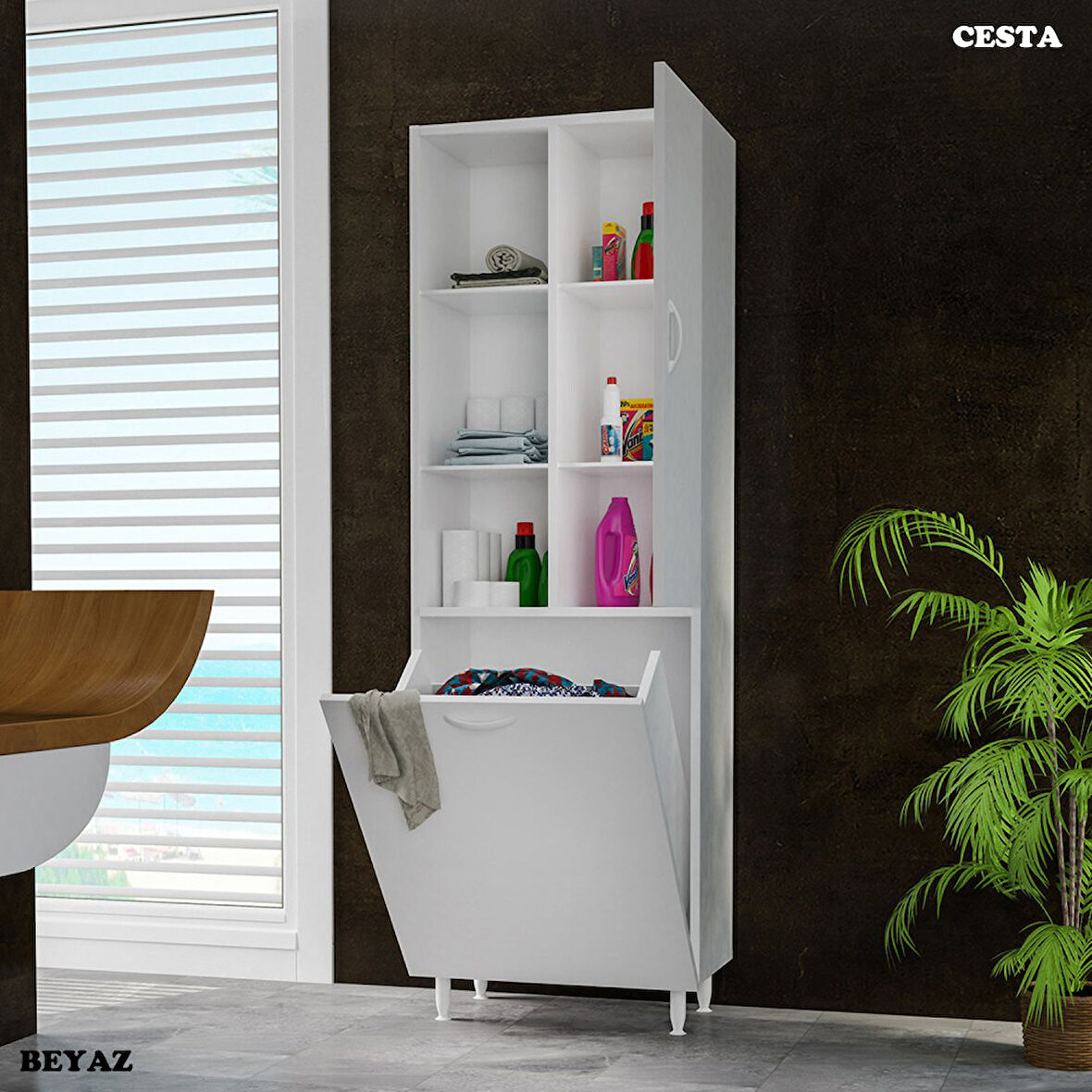 Modilayn Kirli Çamaşır Dolabı Düşer Kapaklı Banyo Dolabı