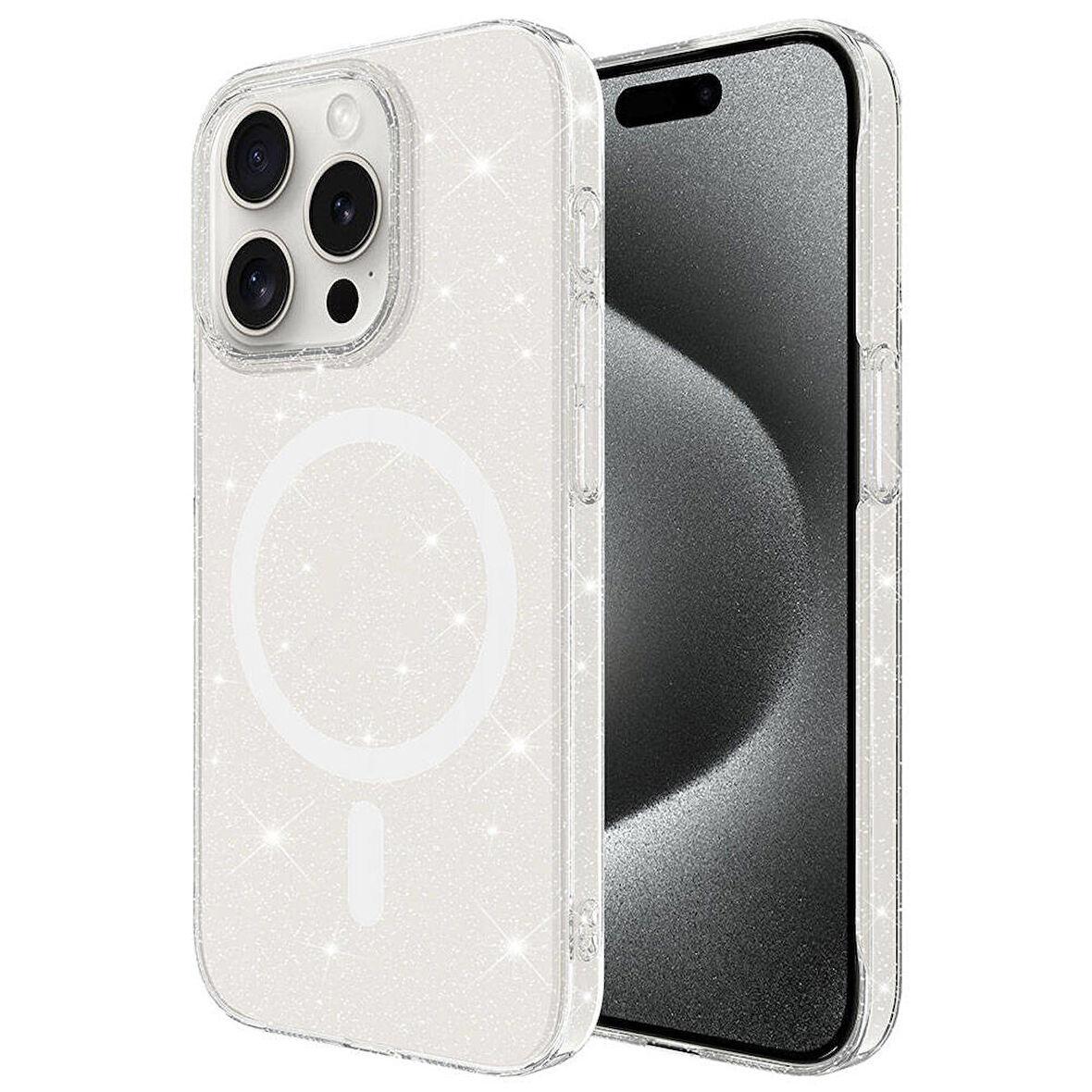 Apple iPhone 15 Pro Max ile Uyumlu Kılıf Magsafe Şarj Özellikli Simli Şeffaf Arka Yüzey Kapak