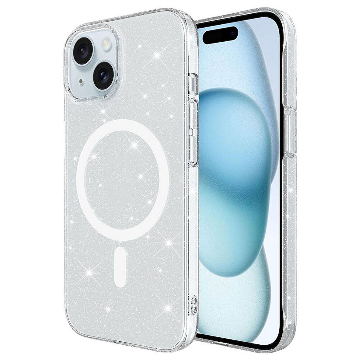 Apple iPhone 15 Plus Max ile Uyumlu Kılıf Magsafe Şarj Özellikli Simli Şeffaf Arka Yüzey Kapak