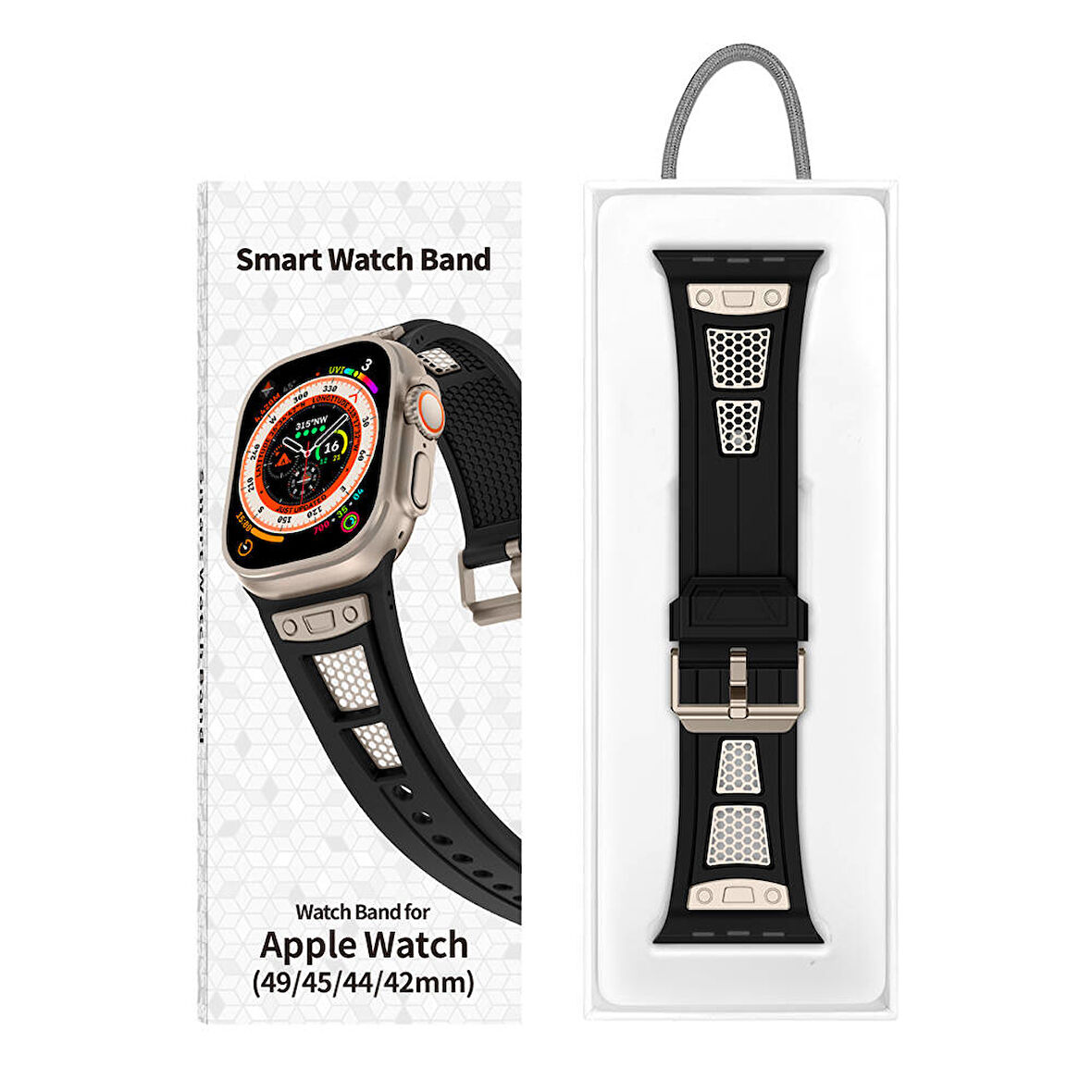 Apple Watch 7/8/9 45mm Uyumlu Hava Alabilen Delikli Metal Süslemeli Desenli Silikon Kordon