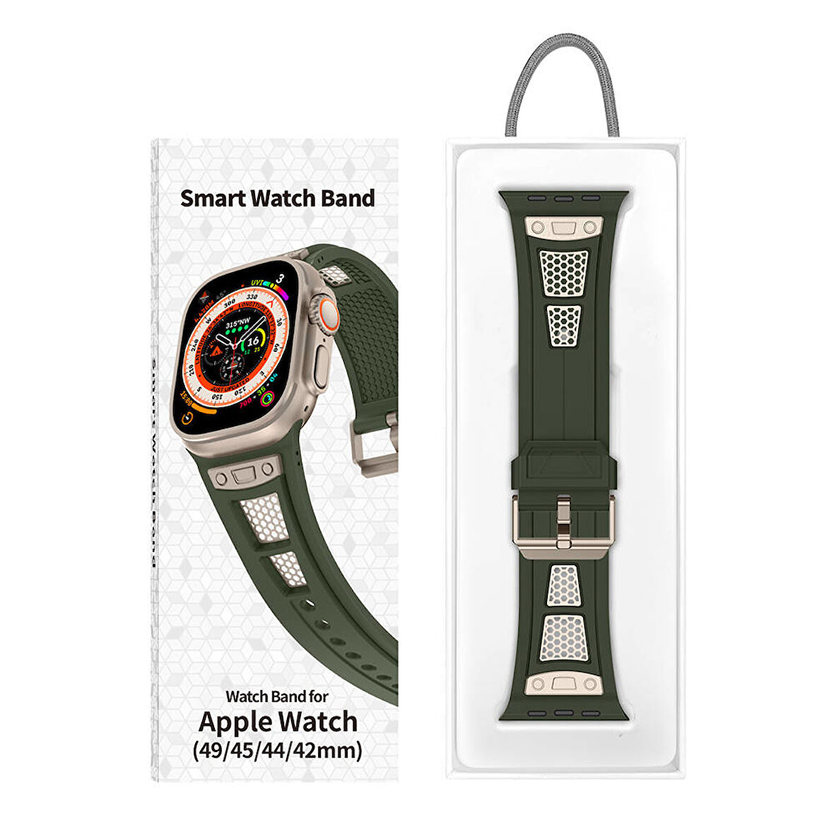 Apple Watch 7/8/9 45mm Uyumlu Hava Alabilen Delikli Metal Süslemeli Desenli Silikon Kordon