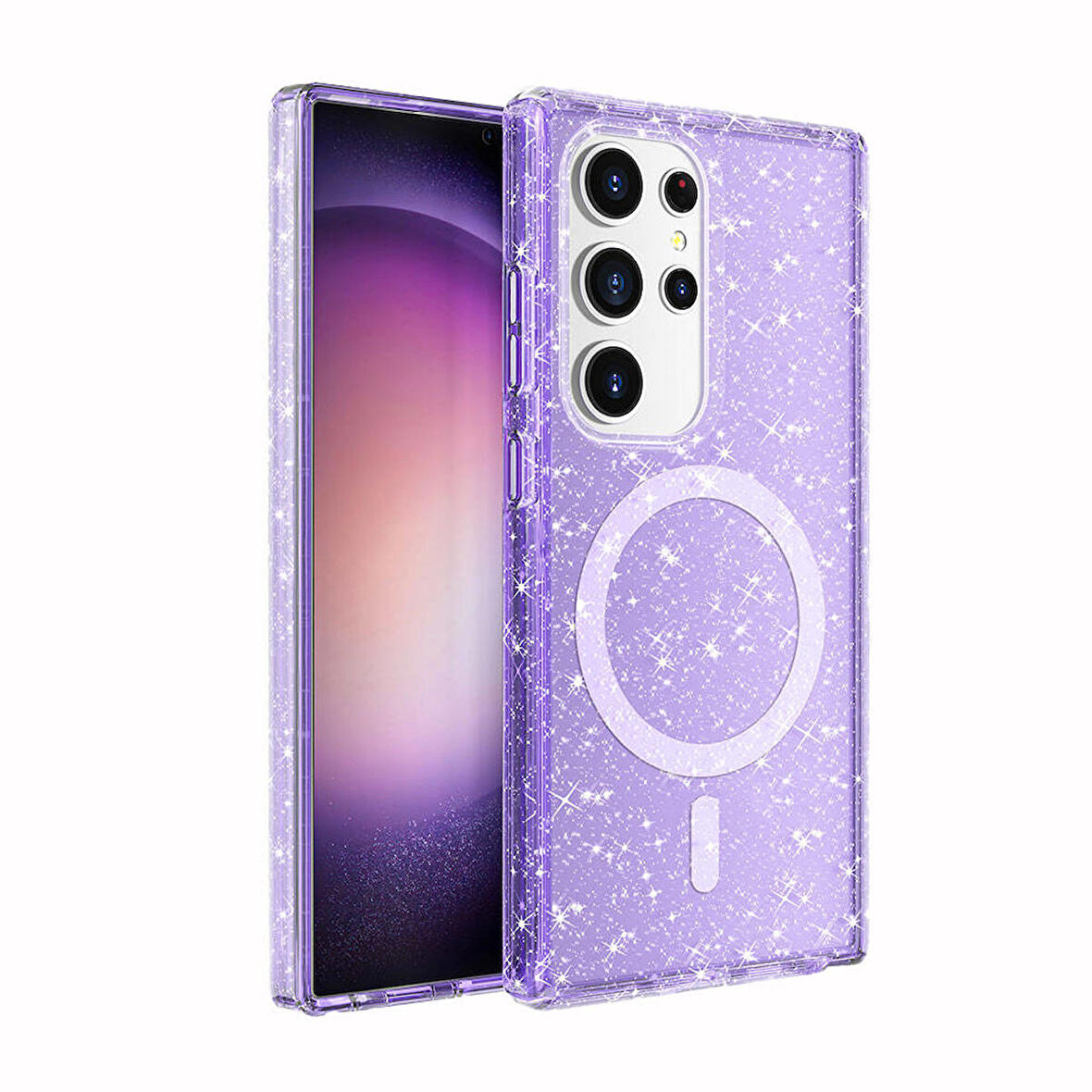 Samsung Galaxy S24 Ultra ile Uyumlu Kılıf Magsafe Şarj Özellikli Parlayan Simli Saydam Renkli Kapak