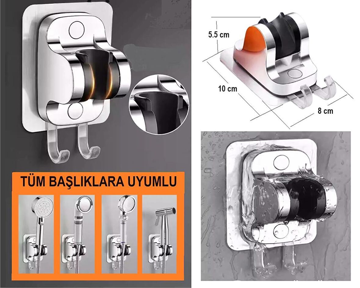 Yapışkanlı Duş Başlığı Askısı, 2 Adet Lif askısı kancalı, KROM, Vidasız Montaj