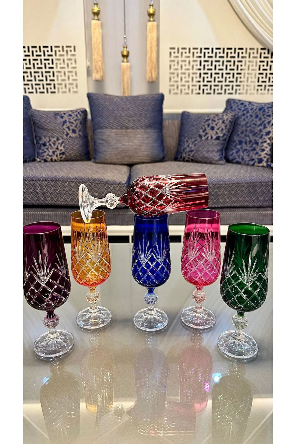 Bohemıa Kristal Renkli Kesme El İşi Kahve Yanı Su Bardağı