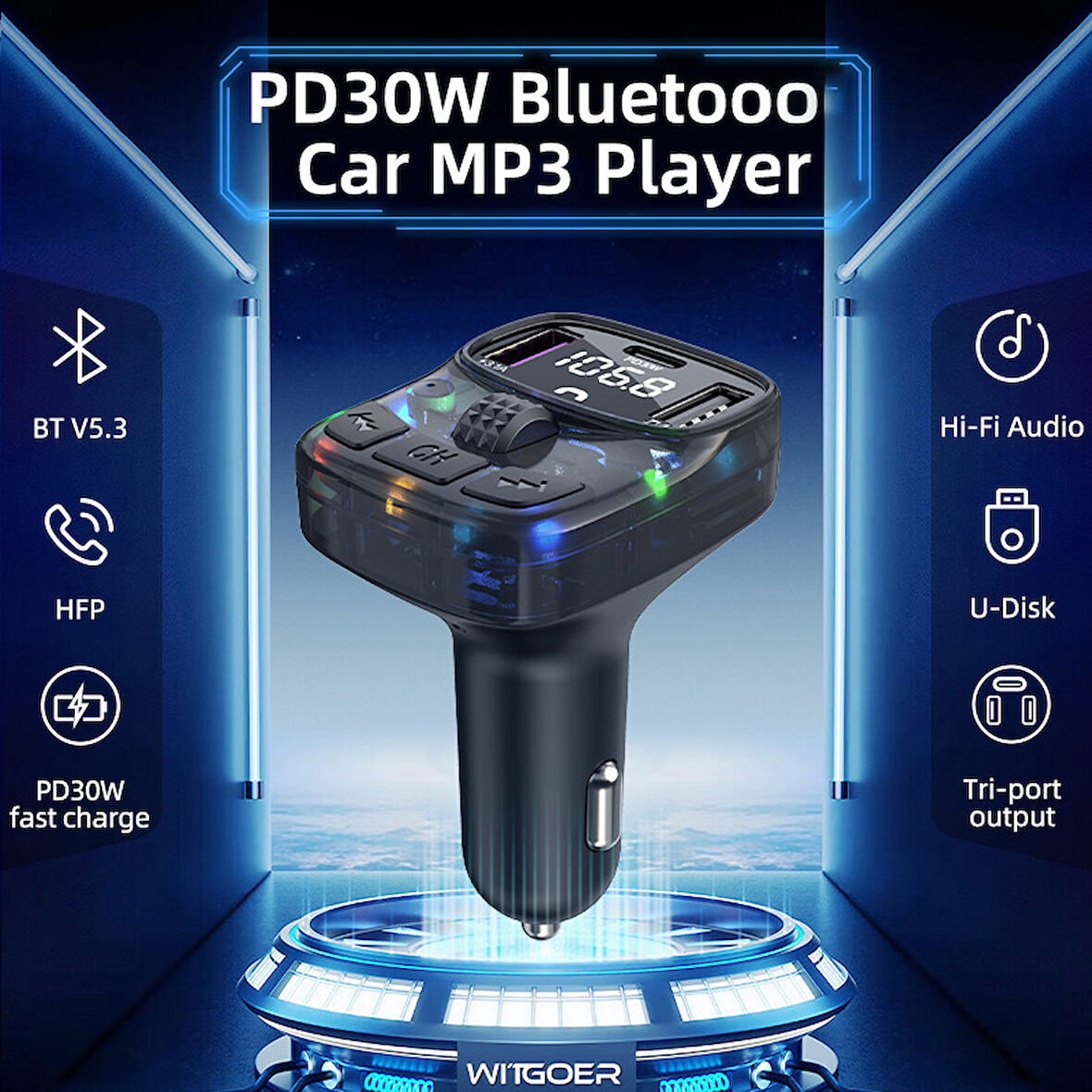 30w Turbo Bluetooth kablosuz araç kiti ve hızlı şarj cihazı bakır sargı kesintisiz ses