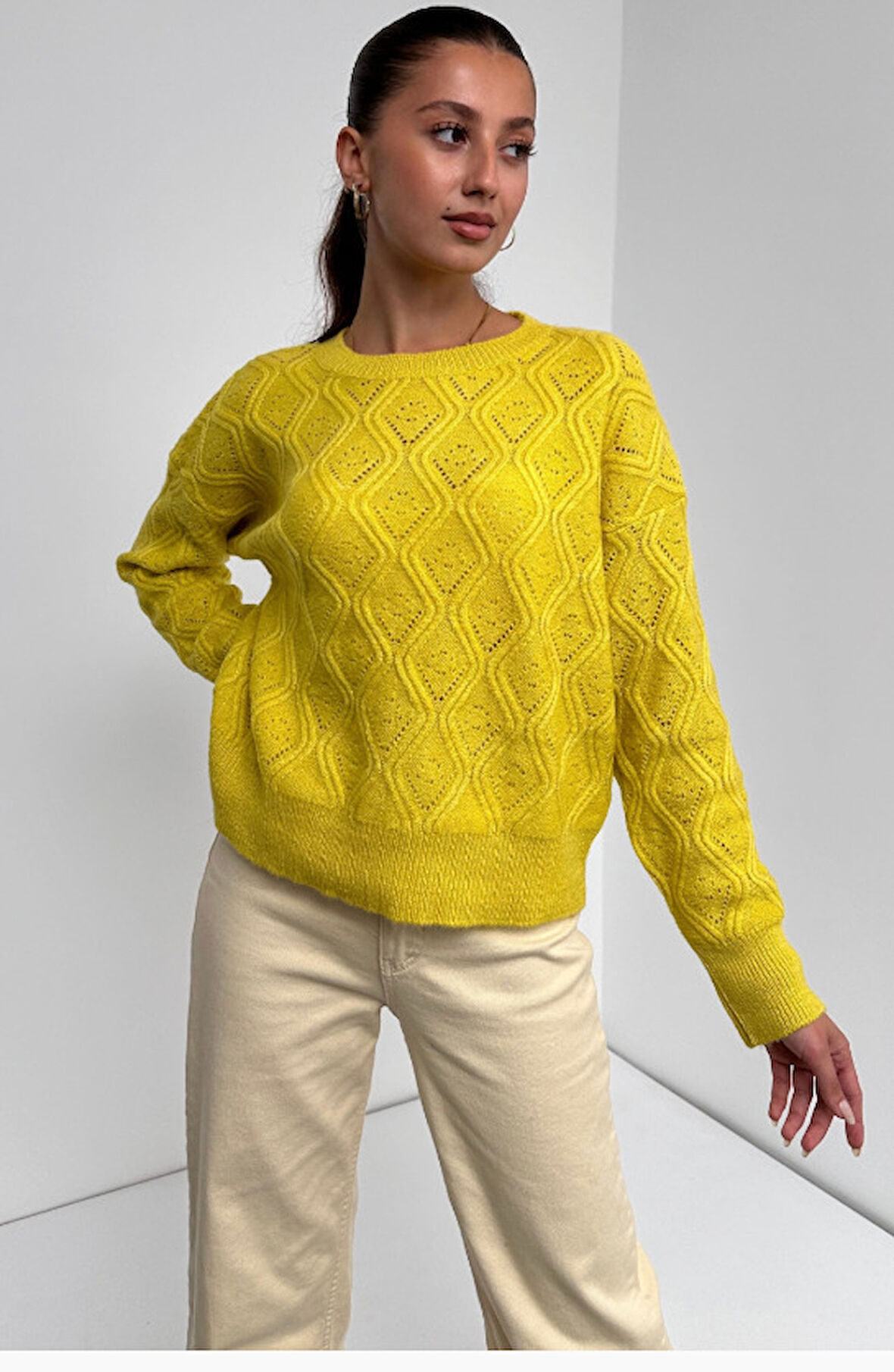 Bisiklet Yaka Desenli Dokulu Triko Kazak