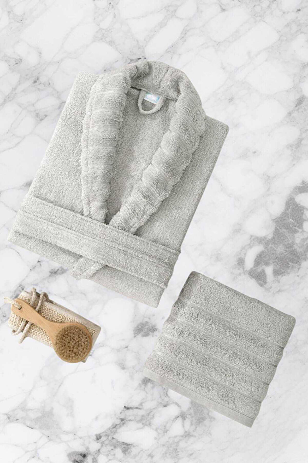 AquaLoom Lüx Bornoz ve Havlu Seti &#37;100 Pamuklu Açık Gri - L-XL