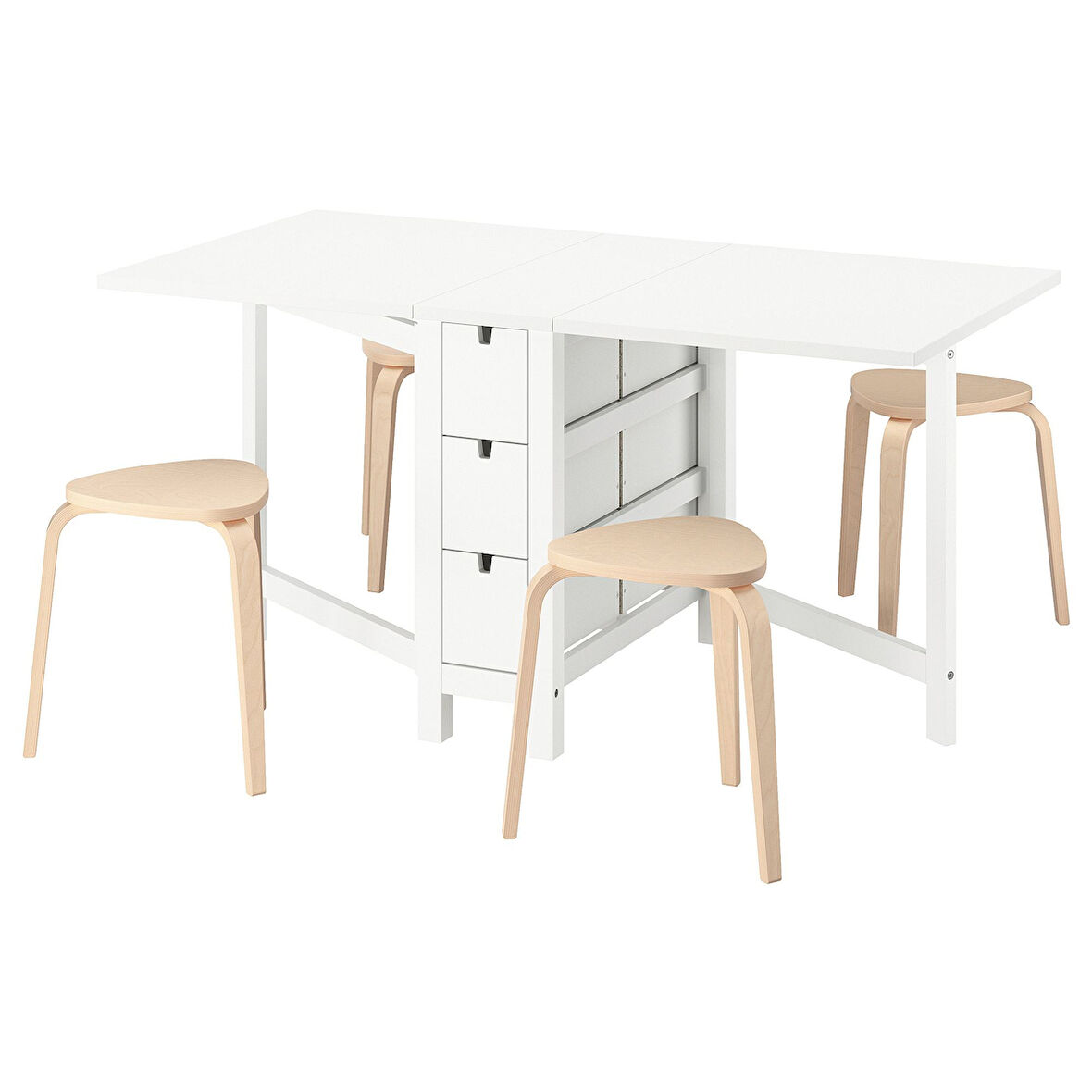 Mutfak masası takımı, beyaz-huş, 4 tabureli, katlanabilir