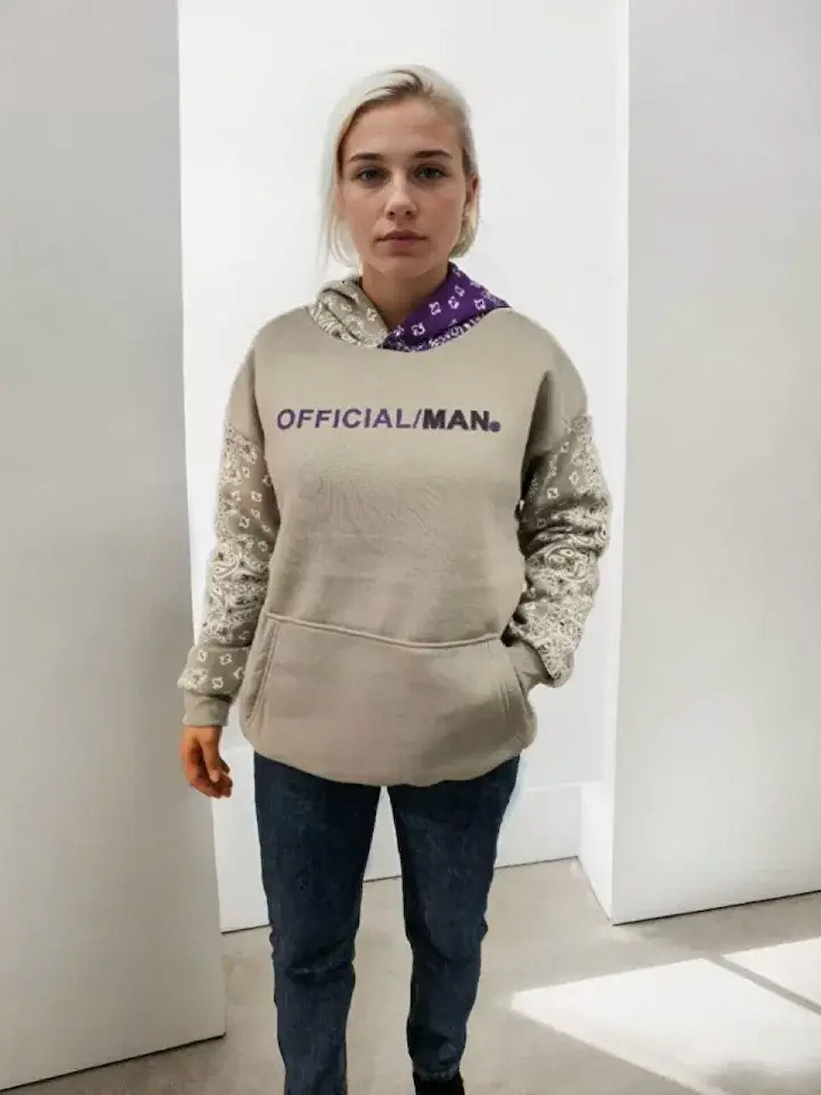 Baskılı Kapüşonlu Sweatshirt - Gri