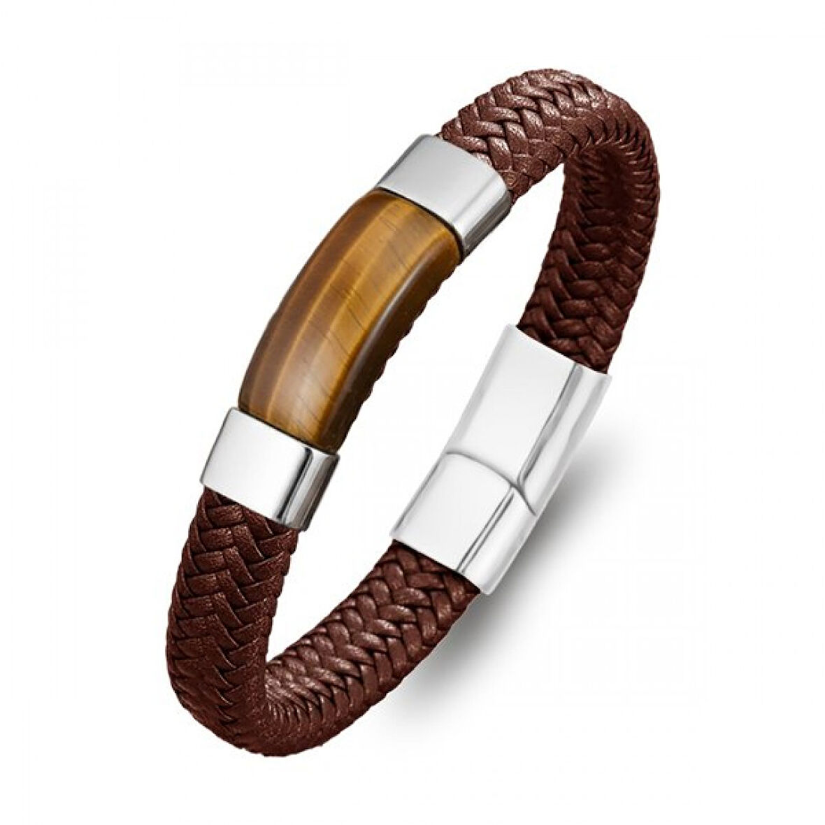   Kaplan Gözü Taşlı Kahverengi Deri Erkek Çelik Bileklik 31834B6D2 