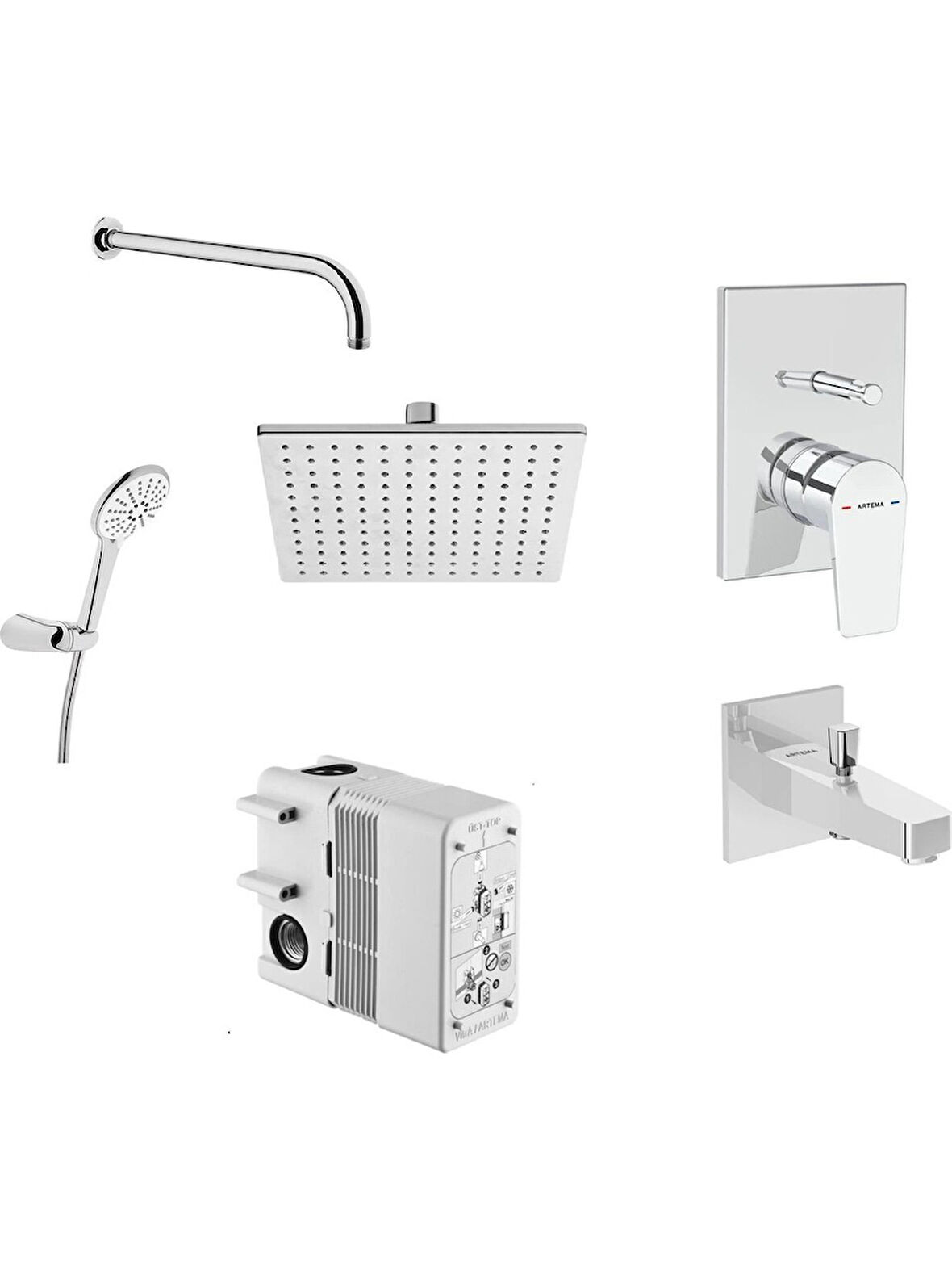 Artema Flow Square Ankastre Duş Seti   Krom A49305 (A43208-A41949-A45652-A45707STA-A45736-A43131)