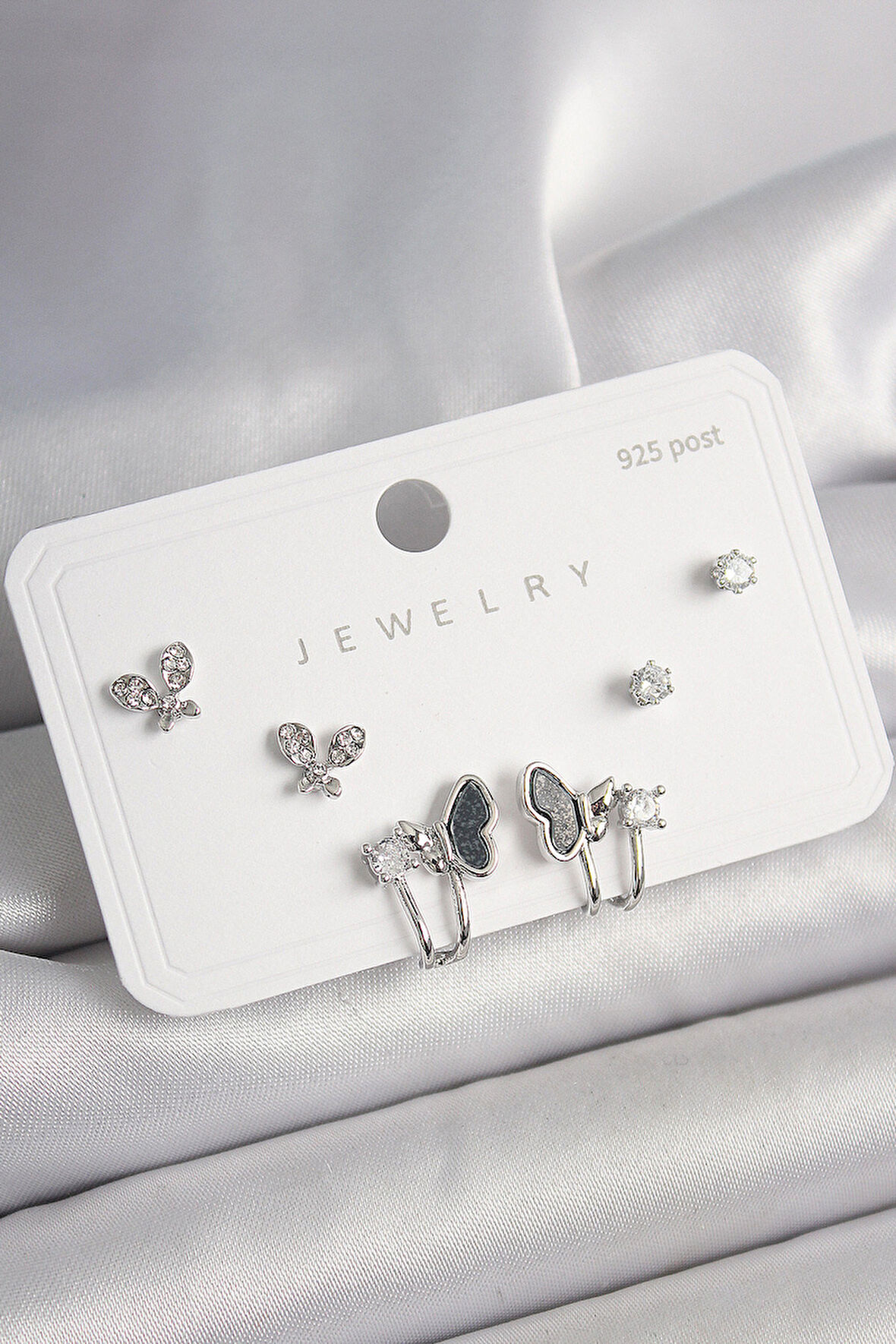 925 Ayar Gümüş Çivi Pirinç Gümüş Renk Zirkon Taşlı Kelebek Model Kadın Küpe Seti