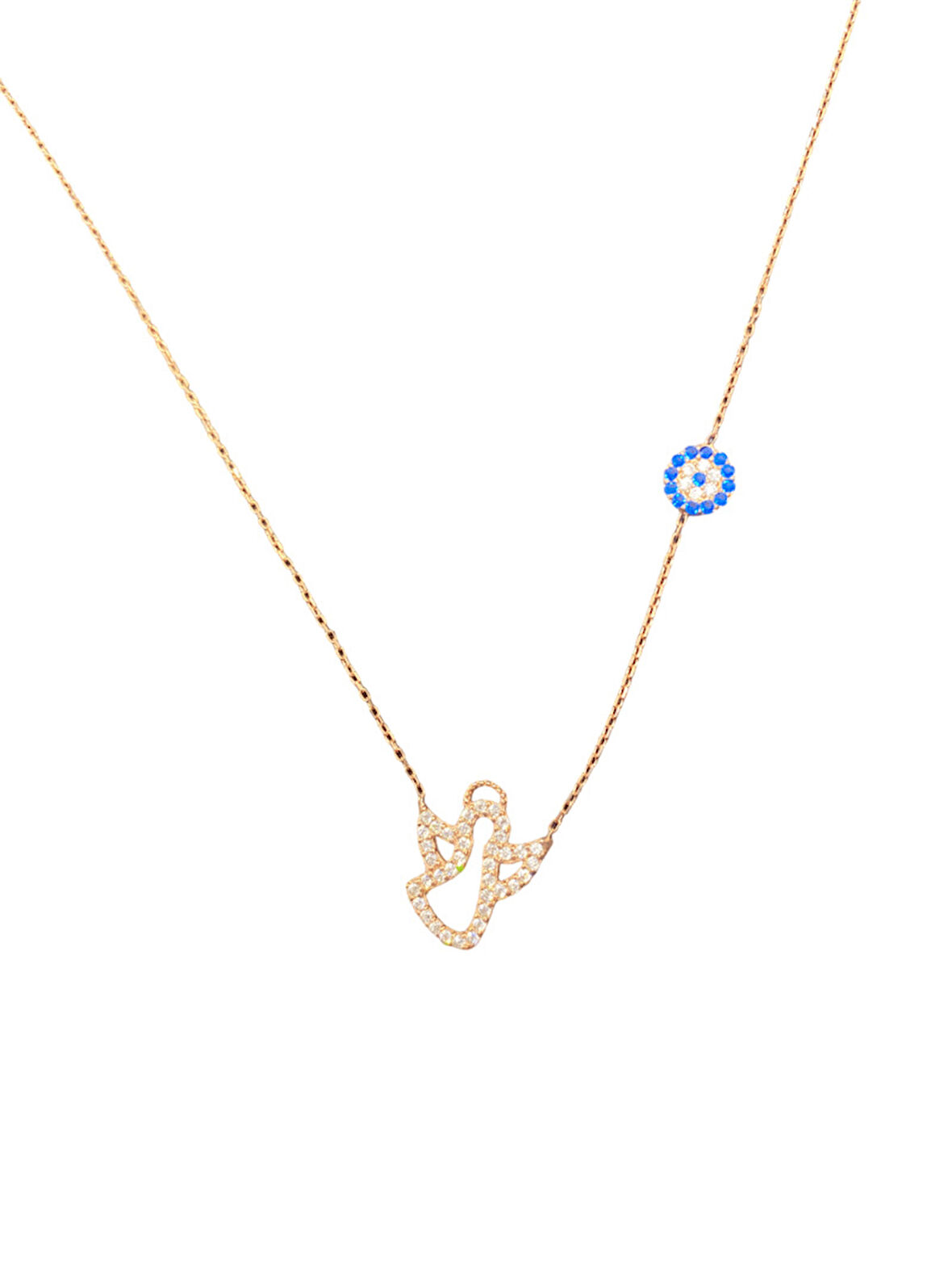 925 Ayar İthal Gümüş Altın Renk Zirkon Taş Melek ve Nazar Boncuğu Kolye Anlamlı ve Şık Tasarım