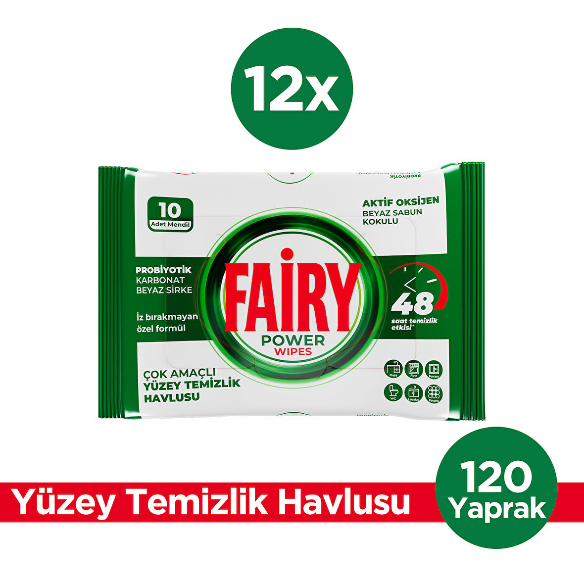 Fairy Yüzey Temizleme Mendili Beyaz Sabun 10 Yaprak 12 Adet | Beyaz Sirke Karbonat