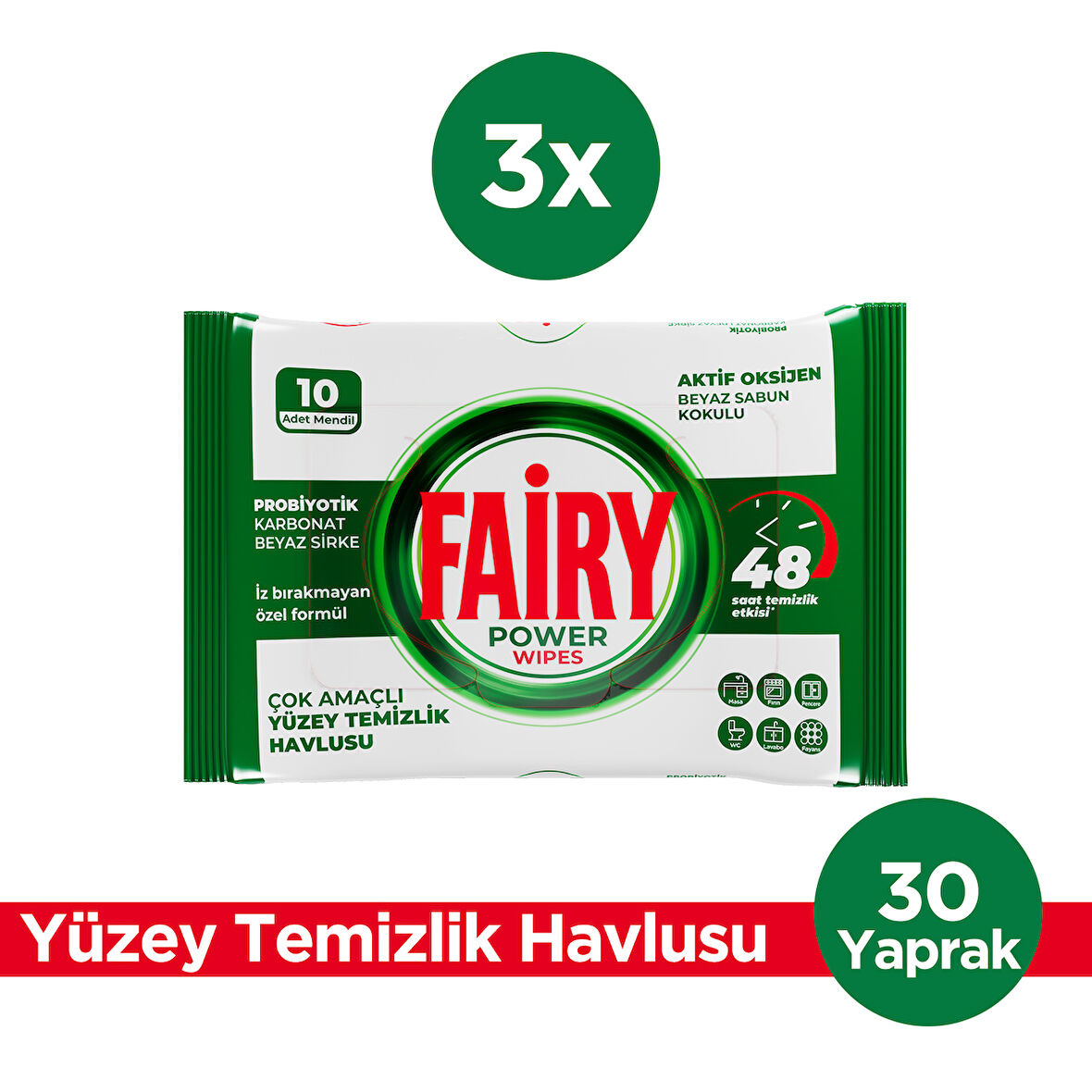 Fairy Yüzey Temizleme Mendili Beyaz Sabun 10 Yaprak 3 Adet | Beyaz Sirke Karbonat