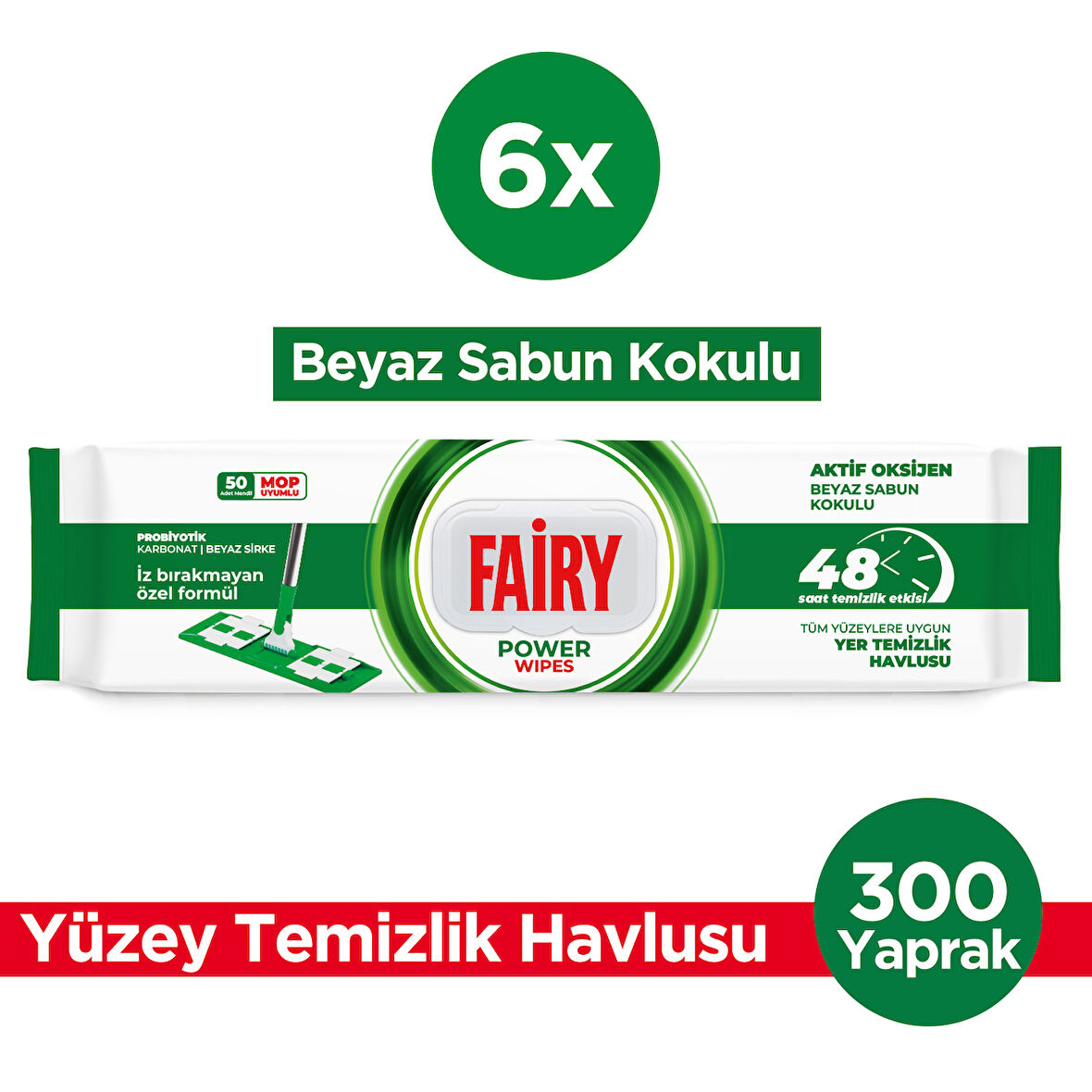 Fairy Power Wipes Mop Uyumlu Yer Temizlik Havlusu 50 Yaprak | Beyaz Sabun | 6 Adet