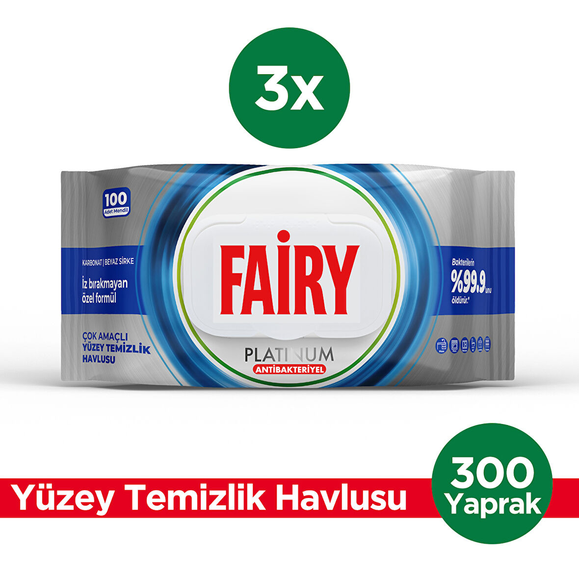 Fairy Platinum Antibakteriyel Yüzey Temizlik Havlusu 100 Yaprak 3 Adet | Beyaz Sirke & Karbonat