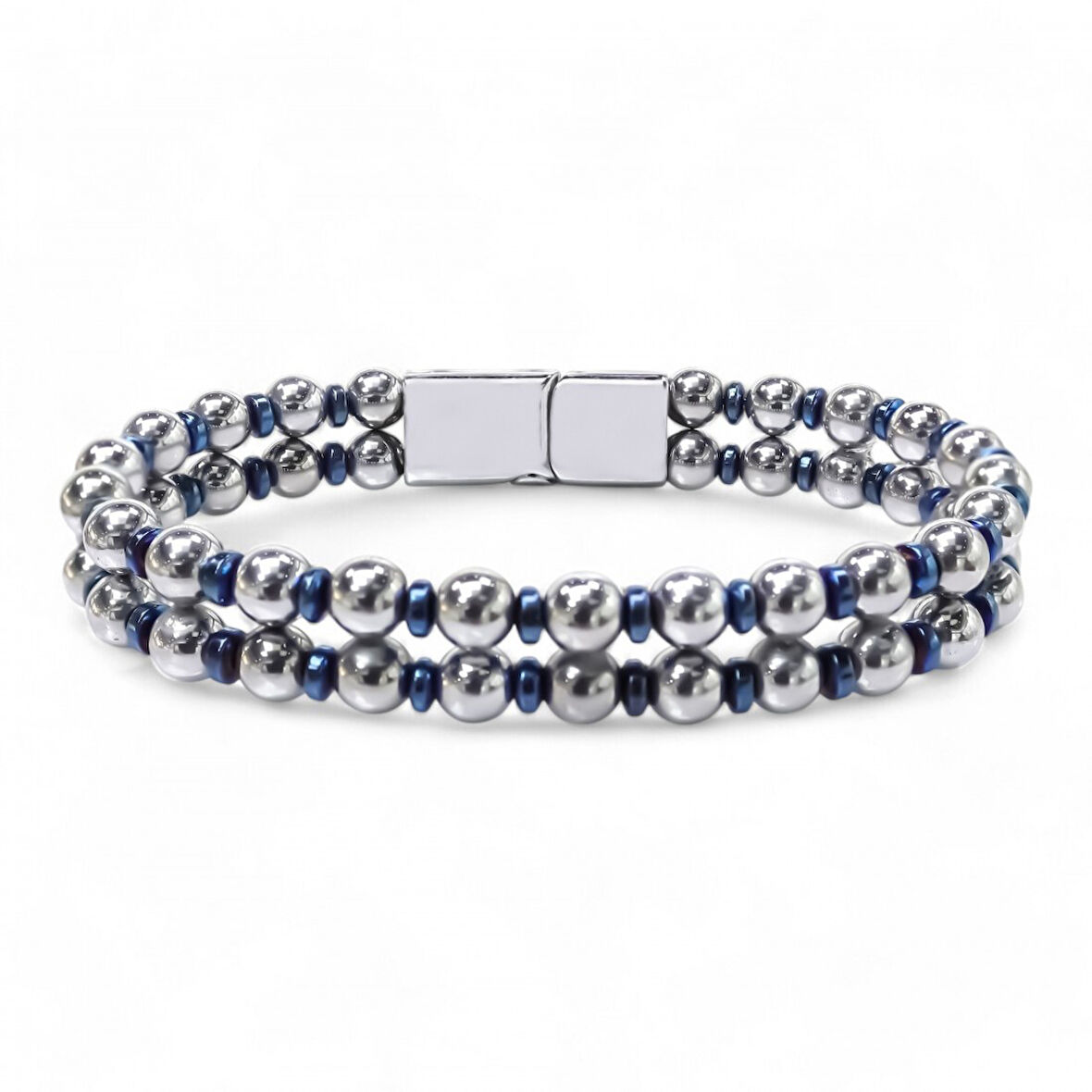  FM Çift Gümüş Ve Mavi Renk Hematit Çelik Bileklik 31832B20D3 